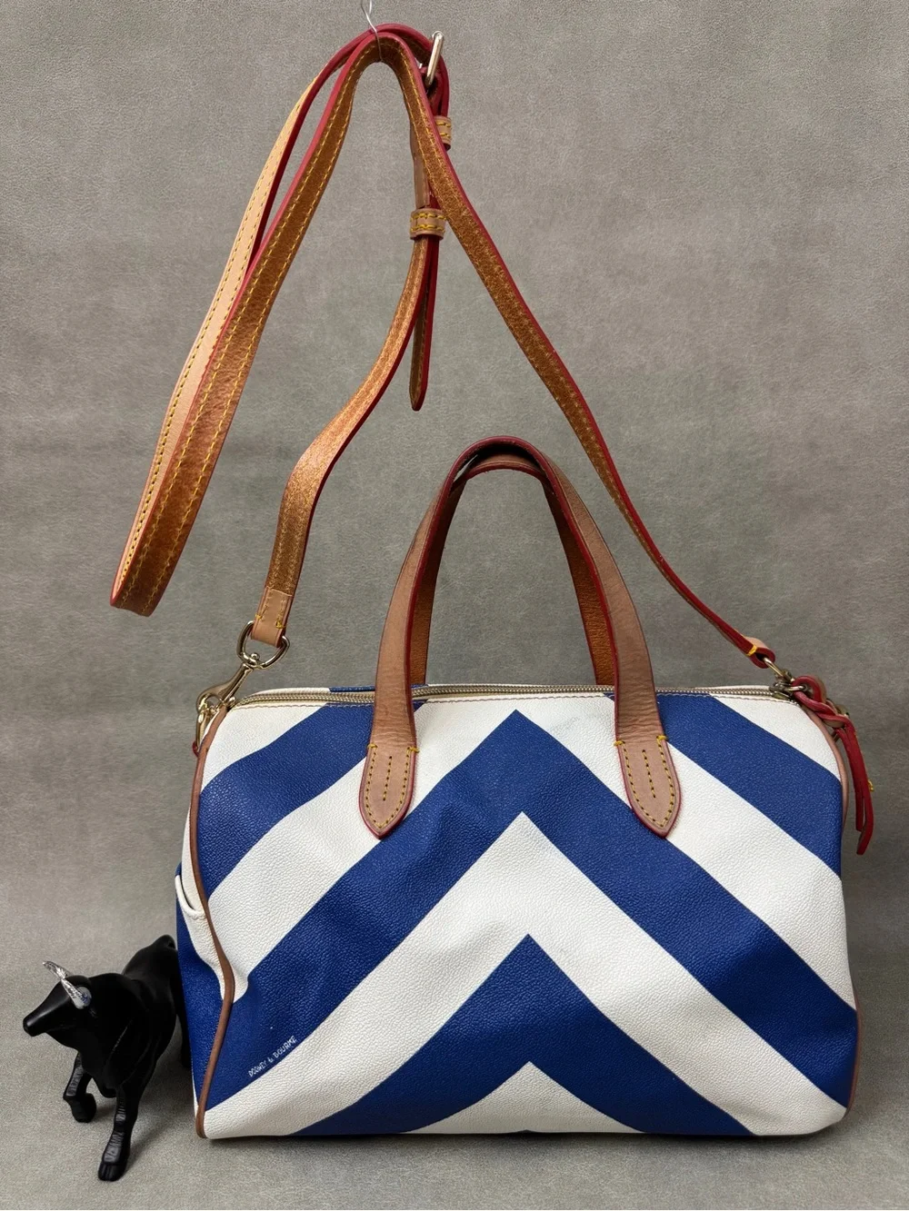 Dooney & Bourke Blue and White Chevron Duffel with Brown Leather Trim